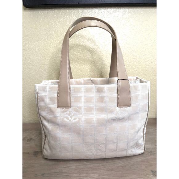 CHANEL Handbags - Vintage Chanel Travel Line Tote PM Beige Tan Jacquard CC Canvas Leather Handles